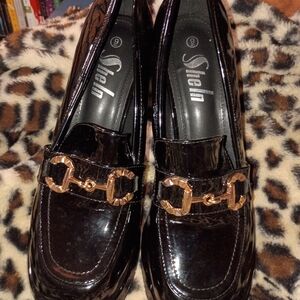 SHEIN Glossy Black Chunky Heel Loafers with Gold Buckle